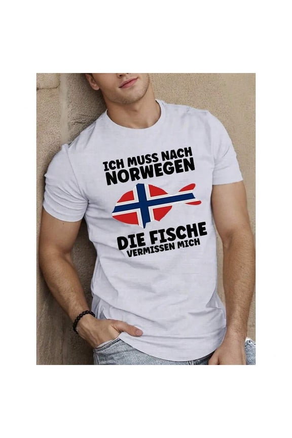 Men'S Casual Summer T-Shirt- Short Sleeve, Round Neck, Polyester Knit With Geometric Norway Flag Design& Bold German Text "Ich Muss NORWAY FISCHEN"- Light Blue, Machine Washable, Tee Shirts