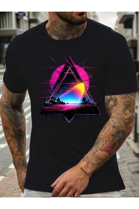 Men'S Casual Summer T-Shirt, Soft Cotton Crew Neck Tee with Vibrant Neon Starry Sky and Triangle Mountain Graphic, Short Sleeve Regular Fit for Adults