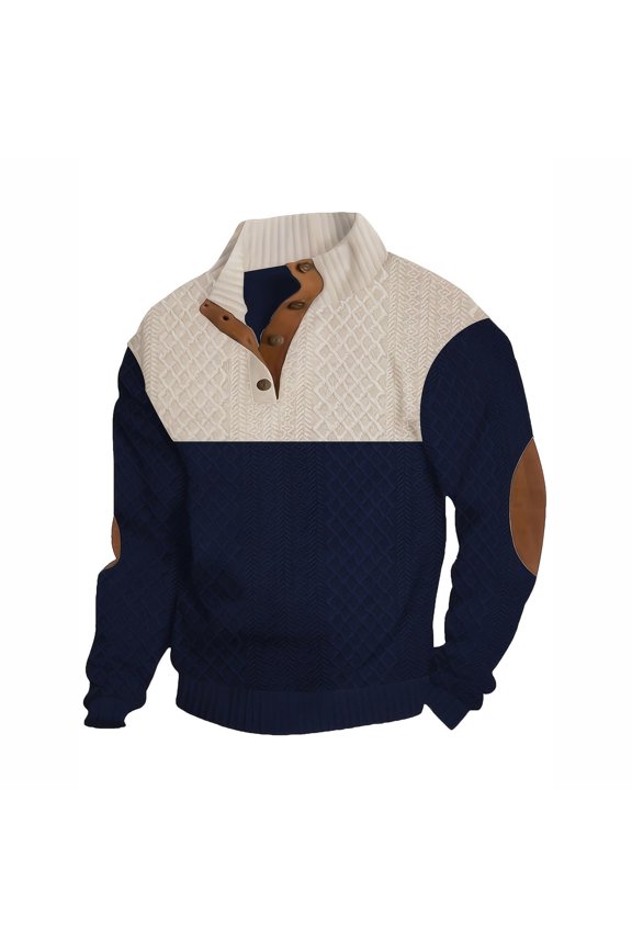 Men'S Casual Sweatshirt Pullover Sweater Long Sleeve Stand Collar Quarter Button Sweaters Jacket With Elbow Patch