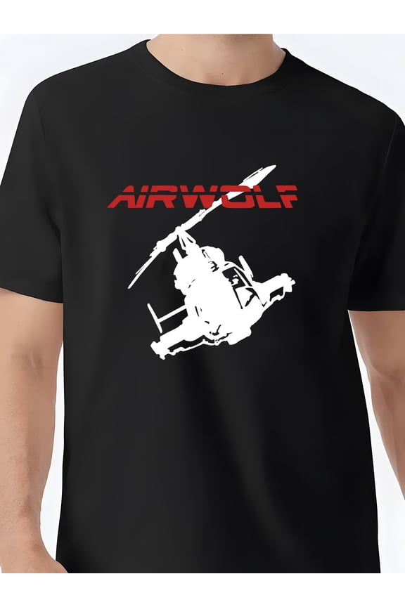 Men'S Casual T-Shirt with Air Wolf Helicopter Graphic - Black Crew Neck, Short Sleeve, Summer Tee, Regular Fit, Lightweight & Breathable Fabric for Casual Attire, Casual Summer Tee |