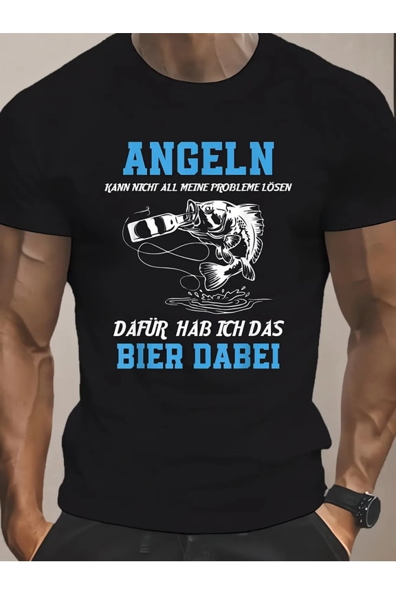Men'S Casual T-Shirt with German Fishing Quote - "Angel" Design, Black with Blue Graphic Print, Crew Neck, Short Sleeves - Perfect for Casual Weekend Wear - Ideal Gift for Friends and Family