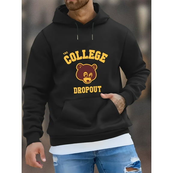Men'S Casual Yellow Hoodie with "The College Dropout" Graphic - Soft Polyester Blend, Front Pocket, Long Sleeve Pullover for Fall & Winter
