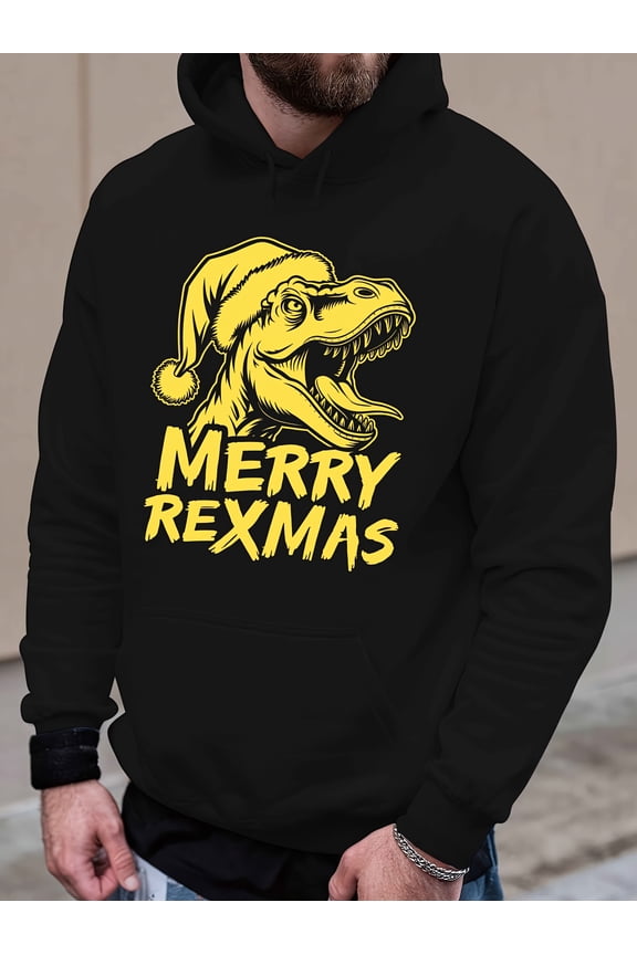 Men'S Christmas Dinosaur Hoodie - Merry Rex-Mas Jacket with Santa Dino Graphic - Black & Yellow Pullover Sweatshirt - Machine Washable Winter Sweater for Holiday Parties & Gifts - Regular Fit Casual