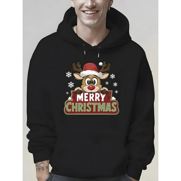Men'S Christmas Reindeer & 'Merry Christmas' Letter Hooded Sweatshirt - Red/Green Winter Pullover with Snowflake & Reindeer Print, Loose Fit Casual Hoodie with Pocket, Durable Machine-Washable Fabric