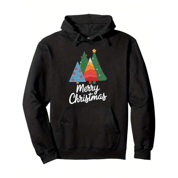 Men'S Christmas Tree Graphic Hooded Sweatshirt - Merry Christmas Print With Colorful Holiday Design, Pocket & Adjustable Hood, Soft Blend Pullover Hoodie For Casual Winter Wear & Family Gatherings (