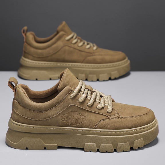 Men'S Chunky Platform Sneakers - Beige Low-Top Lace-Up Round Toe Casual Shoes with Thick Rubber Sole, All-Season Versatile Comfortable Casual Attire, Durable Synthetic Upper & Cushioned Insole, Trend