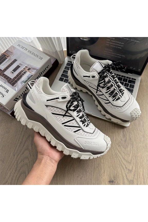 Men'S Chunky Platform Sneakers - Slip-On/Lace-Up Closure, Cushioned PVC Sole, All-Season Outdoor Hiking & Casual Shoes in White/Gray/Black colorway - for Everyday, Gym, Travel - Breathable Fabric