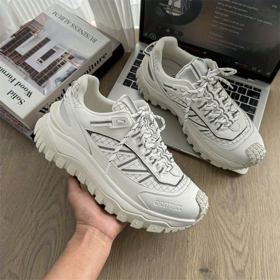 Men'S Chunky Platform Sneakers - Slip-On/Lace-Up Closure, Cushioned PVC Sole, All-Season Outdoor Hiking & Casual Shoes in White/Gray/Black colorway - for Everyday, Gym, Travel - Breathable Fabric