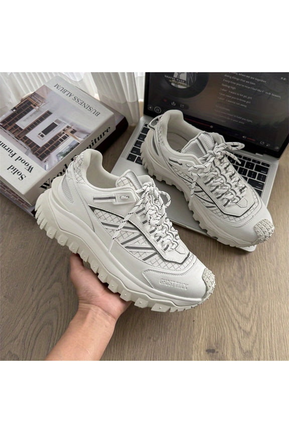 Men'S Chunky Platform Sneakers - Slip-On/Lace-Up Closure, Cushioned PVC Sole, All-Season Outdoor Hiking & Casual Shoes in White/Gray/Black colorway - for Everyday, Gym, Travel - Breathable Fabric