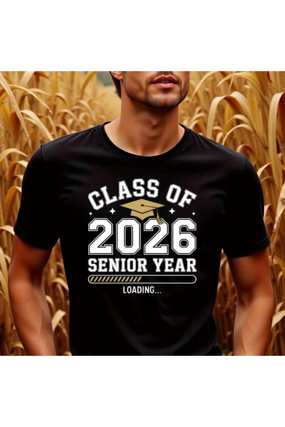 Men'S Class of 2026 Graduation T-Shirt - Black with Golden Lettering, "Senior Year Loading..." Design, Cotton, Crew Neck, Short Sleeve, Regular Fit, Casual Wear for All Seasons, Graduation Apparel |