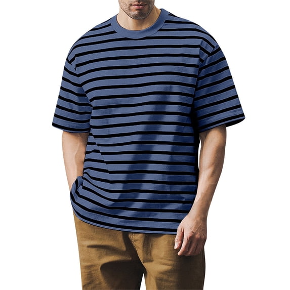 Men'S Classic Horizontal Striped Crew Neck Short Sleeve T Shirt Casual Loose Fit Tops For Summer Daily Wear And Vacation,Blue,L