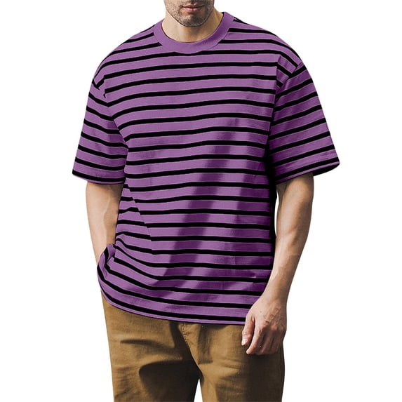 Men'S Classic Horizontal Striped Crew Neck Short Sleeve T Shirt Casual Loose Fit Tops For Summer Daily Wear And Vacation,Purple,XXXXL