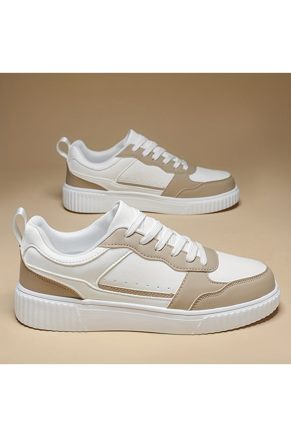 Men'S Classic Low-Top Casual Sneakers in White And Beige - Stylish Lace-Up Shoes Featuring a Textured Surface, Comfortable Fabric Lining, And MD Sole Suitable for All-Day Wear, Perfect for Casual