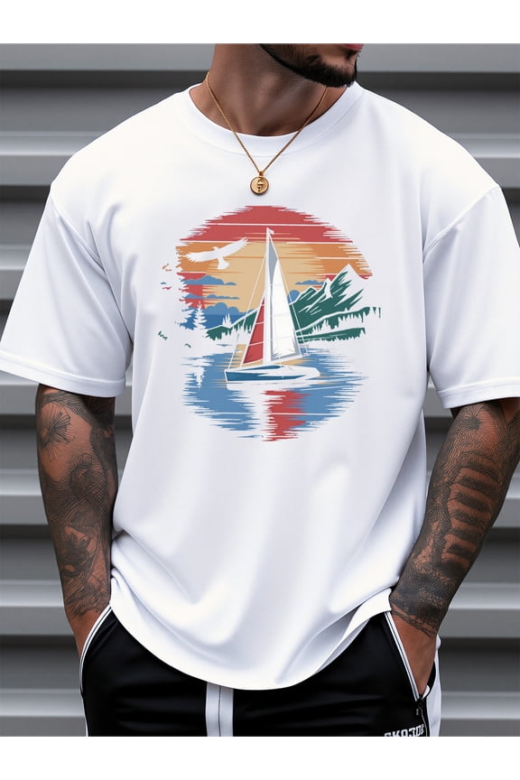 Men'S Clothes, T-Shirts for Men, Casual Style Design with Print, 100% Pure Cotton Fabric, Shirts for Men, Suits for Men, Sunset Sailboat Design, Regular Fit, Summer Wear, Graphic Tee,