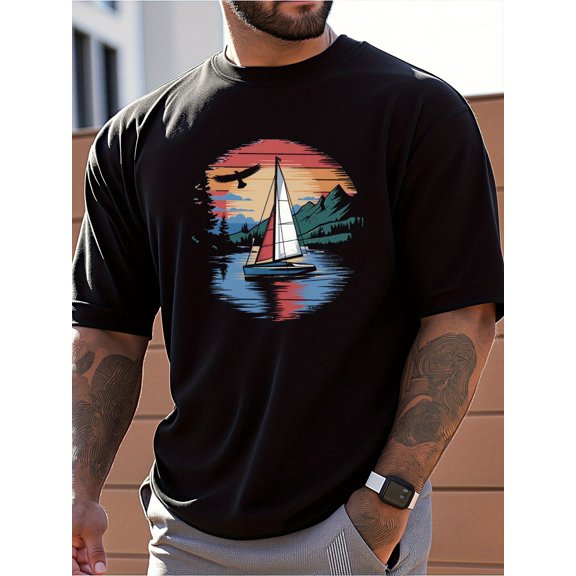 Men'S Clothes, T-Shirts for Men, Casual Style Design with Print, 100% Pure Cotton Fabric, Shirts for Men, Suits for Men, Sunset Sailboat Design, Regular Fit, Summer Wear, Graphic Tee,