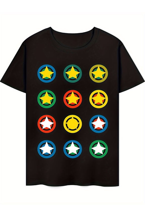 Men'S Colorful Star Pattern T-Shirt - Stylish Graphic Tee with Multicolored Star Icons for Trendy Looks - Perfect for Casual Wear, Festivals, and Everyday Use - Soft Cotton Fabric for