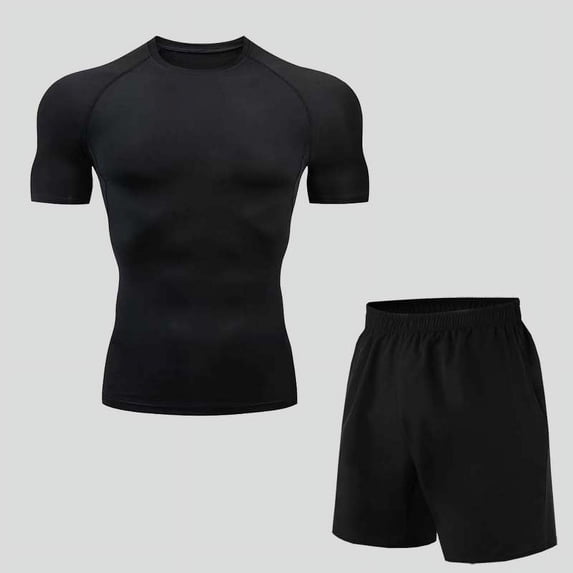 Men'S Compression Shirt Short Sleeve Sports T-Shirt Set Training Shirt Elastic Quick-Drying Running Shirt Include Base Layers Tops+Loose Fitting Short black 3XL