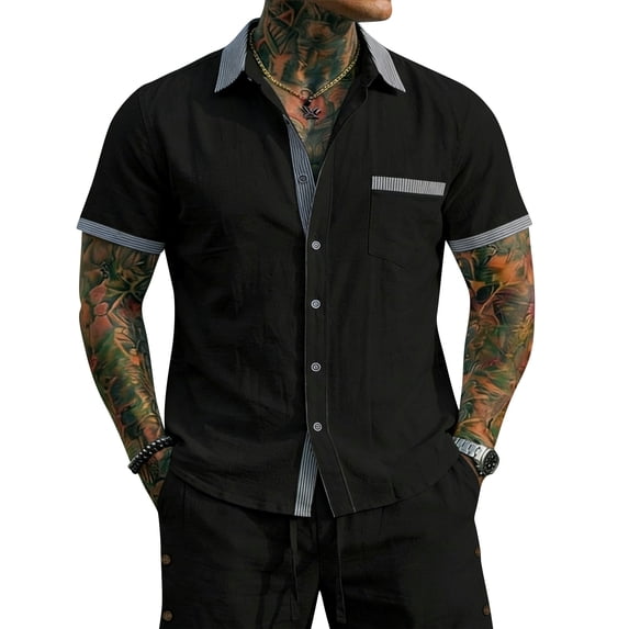 Men'S Contrast Trim Linen Blend Short Sleeve Button Down Shirt And Drawstring Waist Shorts Set For Summer Beach Vacation And Casual Wear,Black,M