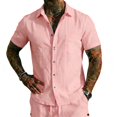 thumbnail image 1 of Men'S Contrast Trim Linen Blend Short Sleeve Button Down Shirt And Drawstring Waist Shorts Set For Summer Beach Vacation And Casual Wear,Pink,XXXL, 1 of 4