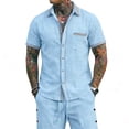 thumbnail image 1 of Men'S Contrast Trim Linen Blend Short Sleeve Button Down Shirt And Drawstring Waist Shorts Set For Summer Beach Vacation And Casual Wear,Sky Blue,XXXL, 1 of 4