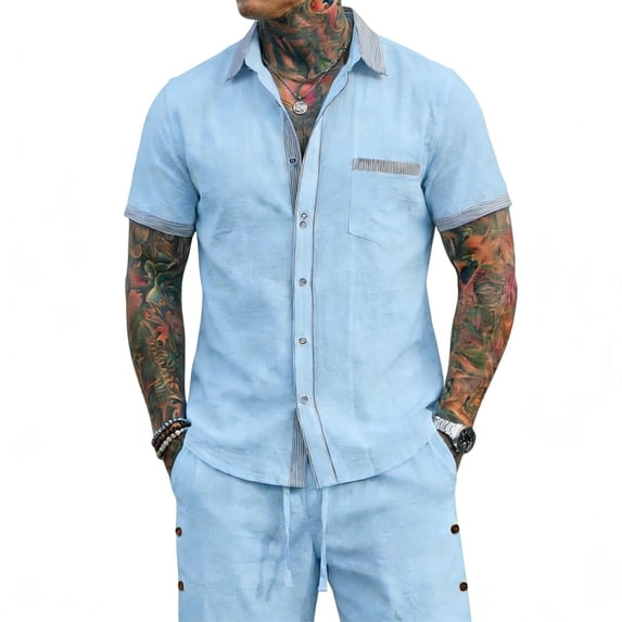 Men'S Contrast Trim Linen Blend Short Sleeve Button Down Shirt And Drawstring Waist Shorts Set For Summer Beach Vacation And Casual Wear,Sky Blue,XXXL