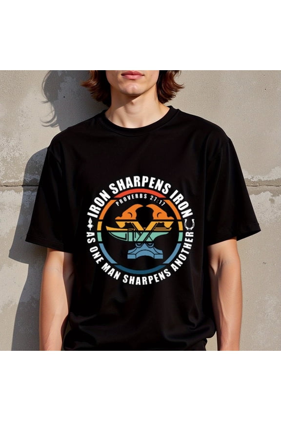 Men'S Cotton "Iron Sharpens Iron" Graphic T-Shirt - Proverbs 27:17 Inspirational Design, Regular Fit Short Sleeve Tee for Casual Wear, Running, Hiking, Beach &