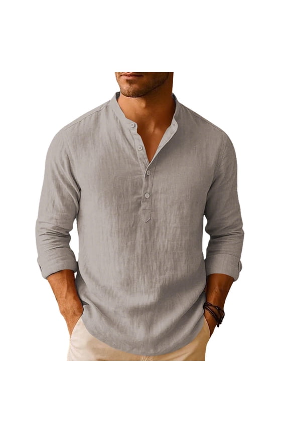 Men'S Cotton Linen Henley T-Shirt Button Down Long Sleeve Casual Shirts Lightweight Breathable Beach Sweatshirt