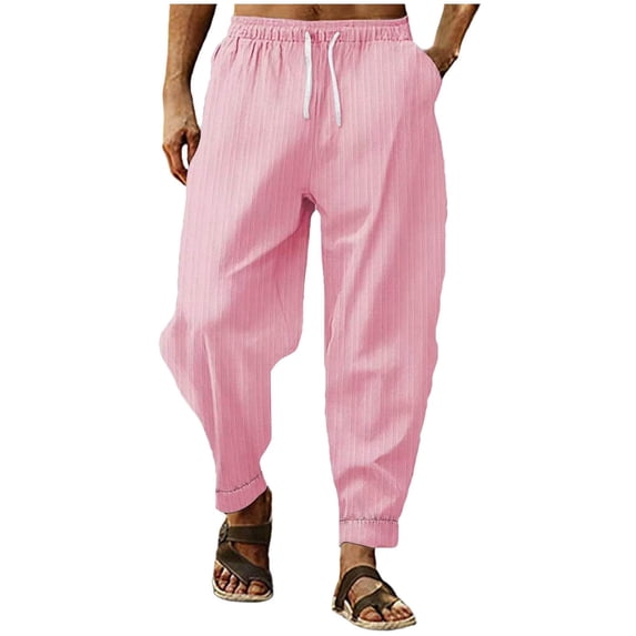 Men'S Cotton Linen Pants Solid Textured Harem Pants Casual Lightweight Breathable Loose Beach Trousers Summer Spring