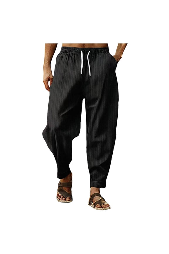 Men'S Cotton Linen Pants Solid Textured Harem Pants Casual Lightweight Breathable Loose Beach Trousers Summer Spring