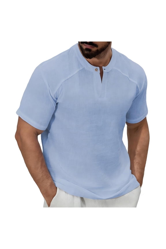 Men'S Cotton Reglan Short Sleeve Henley Shirts Casual Button Up V Neck T-shirts Summer Plain Loose Fit Breathable Tees for Gym