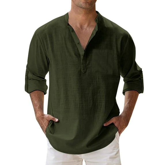 Men'S Cotton Shirts Long Sleeve Button Down Shirt Band Collar Beach Shirts Loose Fit Summer Casual Beach Sweatshirts,Z07-Army Green,XXL