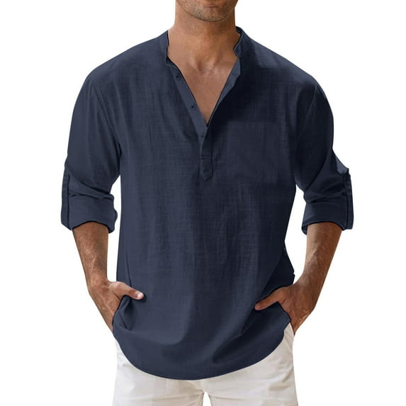 Men'S Cotton Shirts Long Sleeve Button Down Shirt Band Collar Beach Shirts Loose Fit Summer Casual Beach Sweatshirts,Z07-Navy,L