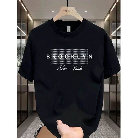 Men'S Cotton T-Shirt Brooklyn New York Graphic, Casual Crew Neck Short Sleeve Tee, All-Season Comfort Fit Top, 100% Cotton Knit Fabric, 200gsm - Regular Fit