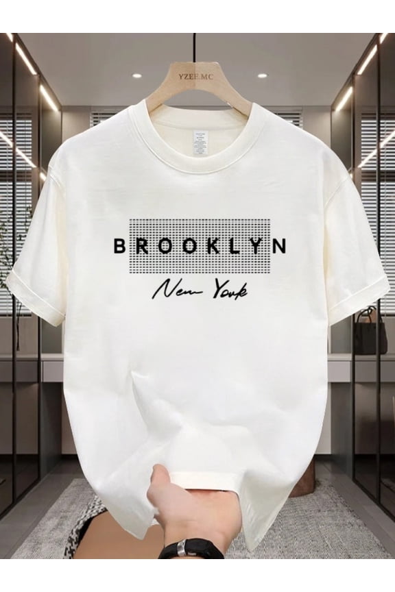 Men'S Cotton T-Shirt Brooklyn New York Graphic, Casual Crew Neck Short Sleeve Tee, All-Season Comfort Fit Top, 100% Cotton Knit Fabric, 200gsm - Regular Fit