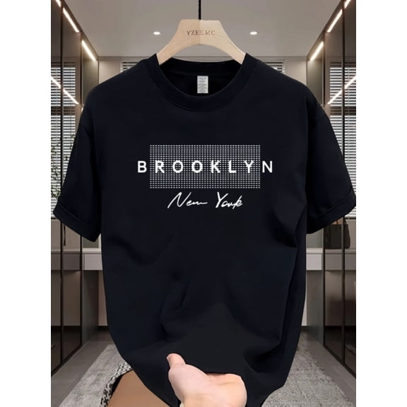 Men'S Cotton T-Shirt Brooklyn New York Graphic, Casual Crew Neck Short Sleeve Tee, All-Season Comfort Fit Top, 100% Cotton Knit Fabric, 200gsm - Regular Fit