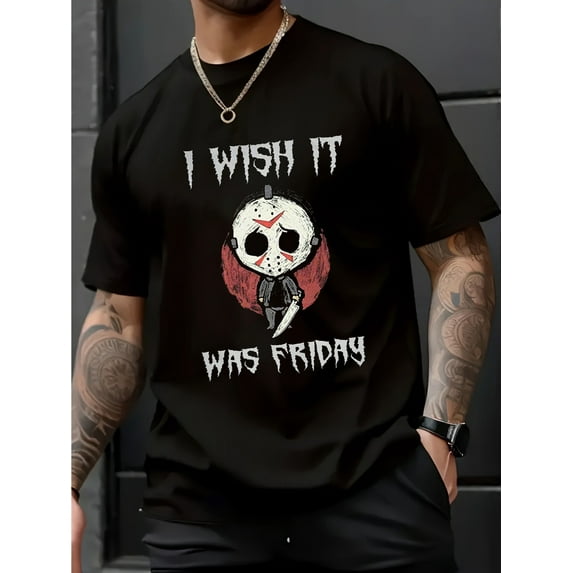 Men'S Cotton T-Shirt with "I Wish It Was Friday" Print, Casual Crew Neck, Short Sleeve, Slight Stretch, Knit Fabric, 180gsm, for Hiking & Outdoor, Sports, Weekend - Black