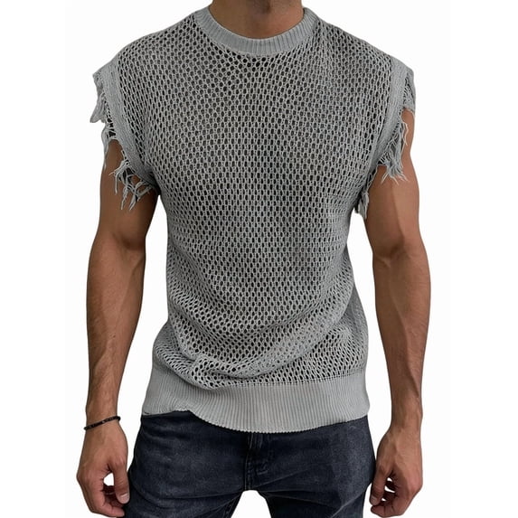 Men'S Crochet Knit Sleeveless Mesh Tank Top Gray M