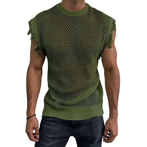 Men'S Crochet Knit Sleeveless Mesh Tank Top Green L