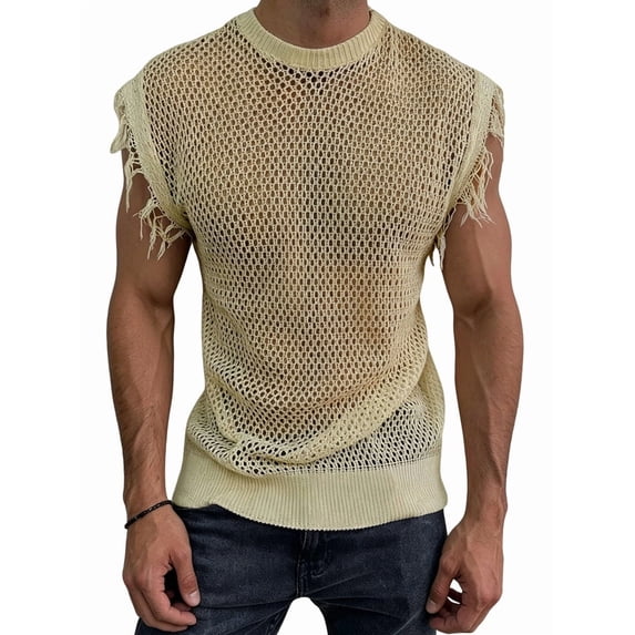 Men'S Crochet Knit Sleeveless Mesh Tank Top Khaki L