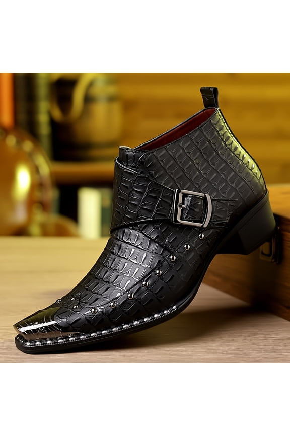 Men'S Crocodile Embossed Ankle Boots - Western-Style Pointed Toe High-Heeled Boots, Perfect for Parties And Vintage Outfits