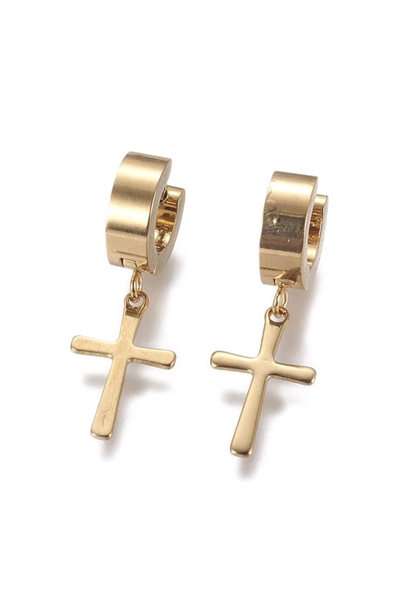 Men'S Cross Dangle Earrings Stainless Steel Hinged Piercing Huggie Hoop A196