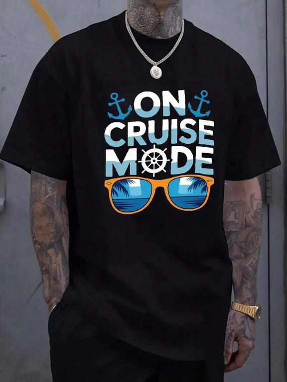 Men'S Cruise Mode Graphic T-Shirt - Black With Blue Anchor & Glasses Print, Summer Vacation Travel Tee, Casual Short Sleeve, Regular Fit, Perfect For Beach & Poolside, Vacation T Shirt