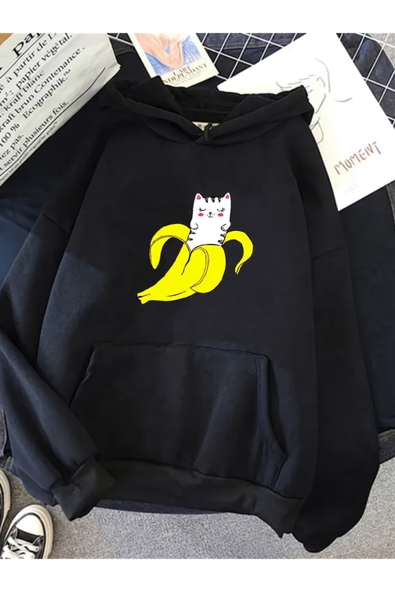 Men'S Cute Banana Cat Print Hooded Sweatshirt - 50% 250gsm Heavyweight Pullover Hoodie with Smiling Banana & Cat Graphic, Loose Fit Casual Streetwear for Fall Winter, Anime-Inspired Kawaii Style Swea