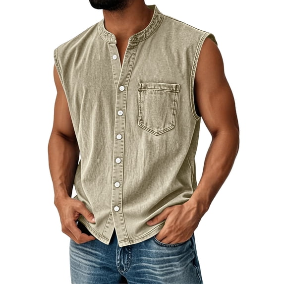 Men'S Denim Washed Distressed Sleeveless Button Down Shirt Casual Breathable Tank Top With Chest Pocket For Daily Wear And Street Style Tank,Khaki,L