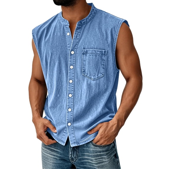 Men'S Denim Washed Distressed Sleeveless Button Down Shirt Casual Breathable Tank Top With Chest Pocket For Daily Wear And Street Style Tank,Blue,XXXL