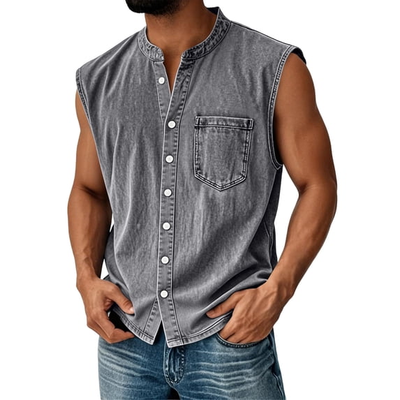 Men'S Denim Washed Distressed Sleeveless Button Down Shirt Casual Breathable Tank Top With Chest Pocket For Daily Wear And Street Style Tank,Gray,XXXL