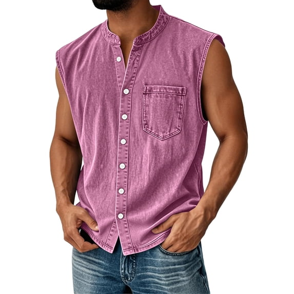 Men'S Denim Washed Distressed Sleeveless Button Down Shirt Casual Breathable Tank Top With Chest Pocket For Daily Wear And Street Style Tank,Pink,XXXL
