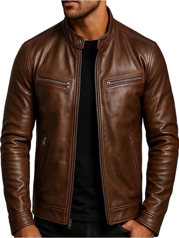 Men'S Distressed Brown Leather Jacket with Multiple Pockets for Winter Fashion L