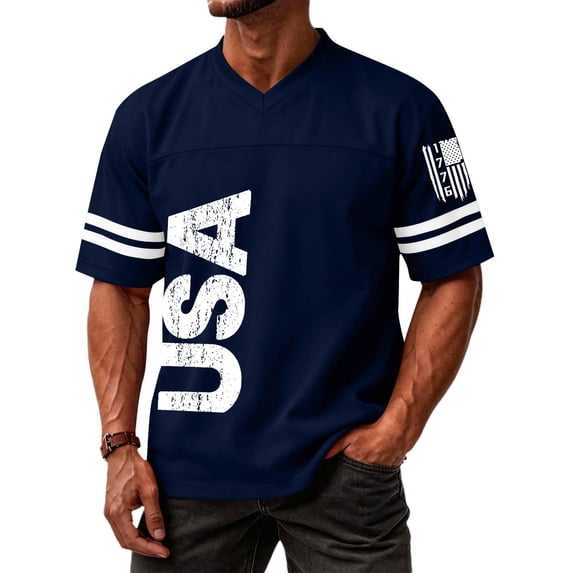 Men'S Distressed USA Letter 1776 Flag Print V Neck Football Jersey Short Sleeve Casual Athletic Tee For 4Th Of July,Navy,M