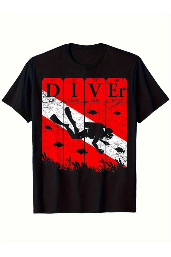 Men'S Diving Pattern T-Shirt - Black with Red And White Underwater Design (Features DIVER Text, Depth Gauge, And Diver Silhouette) - Breathable Short Sleeves, Suitable for Diving, Snorkeling